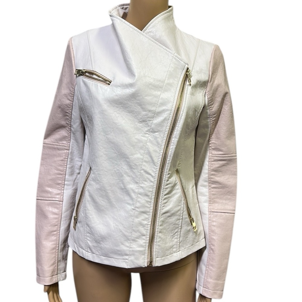 Guess Pink White Faux Leather Moto Jacket Gold Exposed Zipper Womens Small